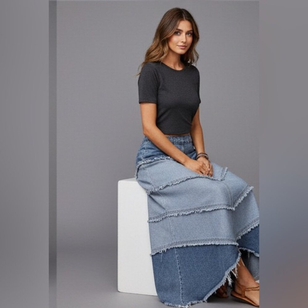 Long Denim Patchwork Skirt - Picture 4 of 8